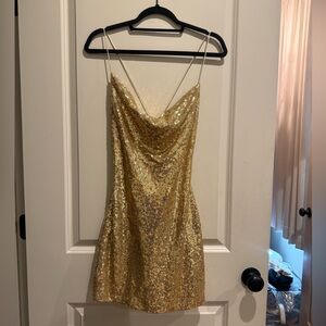 B Darlin Gold Slip Mini Dress Spaghetti Strap Cowl Neck